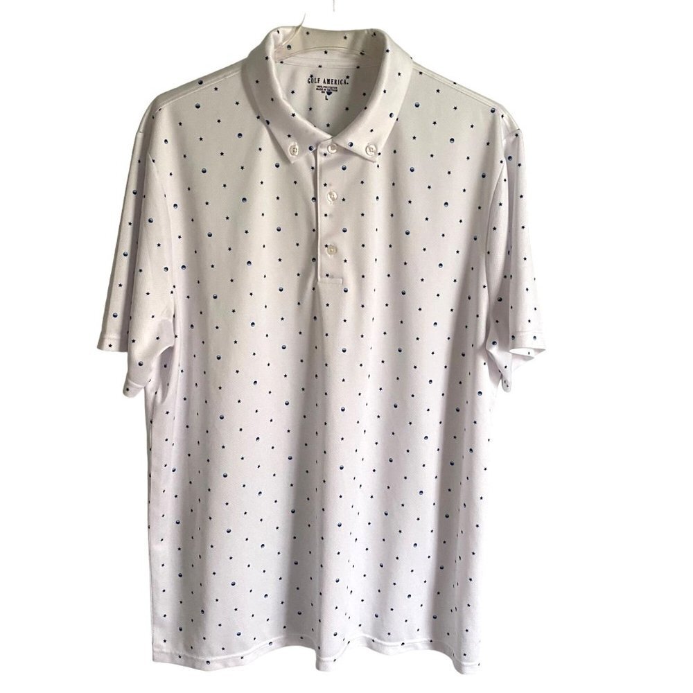 Golf America White Polo with Blue Stars Golf Clubs Men's Large NEW